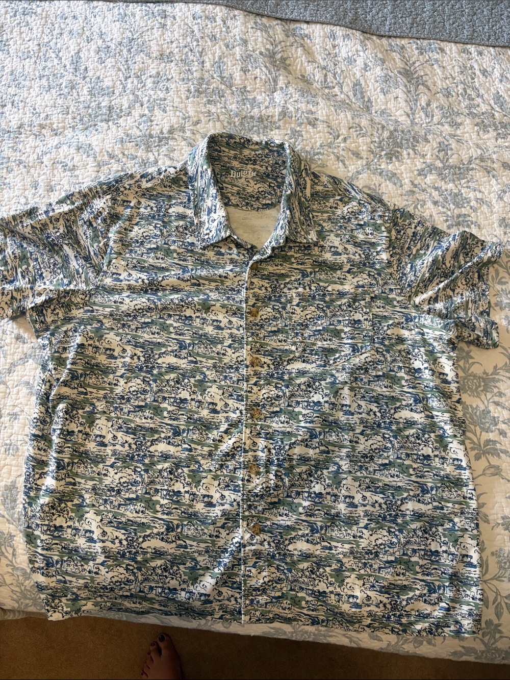 Duluth Trading Co Cream Tee with Blue and Green Scenic Print